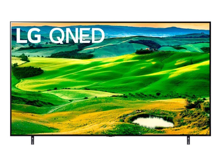 Der LG 80 Series 4K QNED-Fernseher vor weißem Hintergrund.