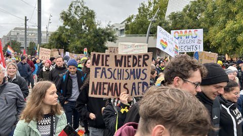 Demonstrantinnen und Demonstranten protestieren in Ulm gegen Rechts und die Politik der AfD.