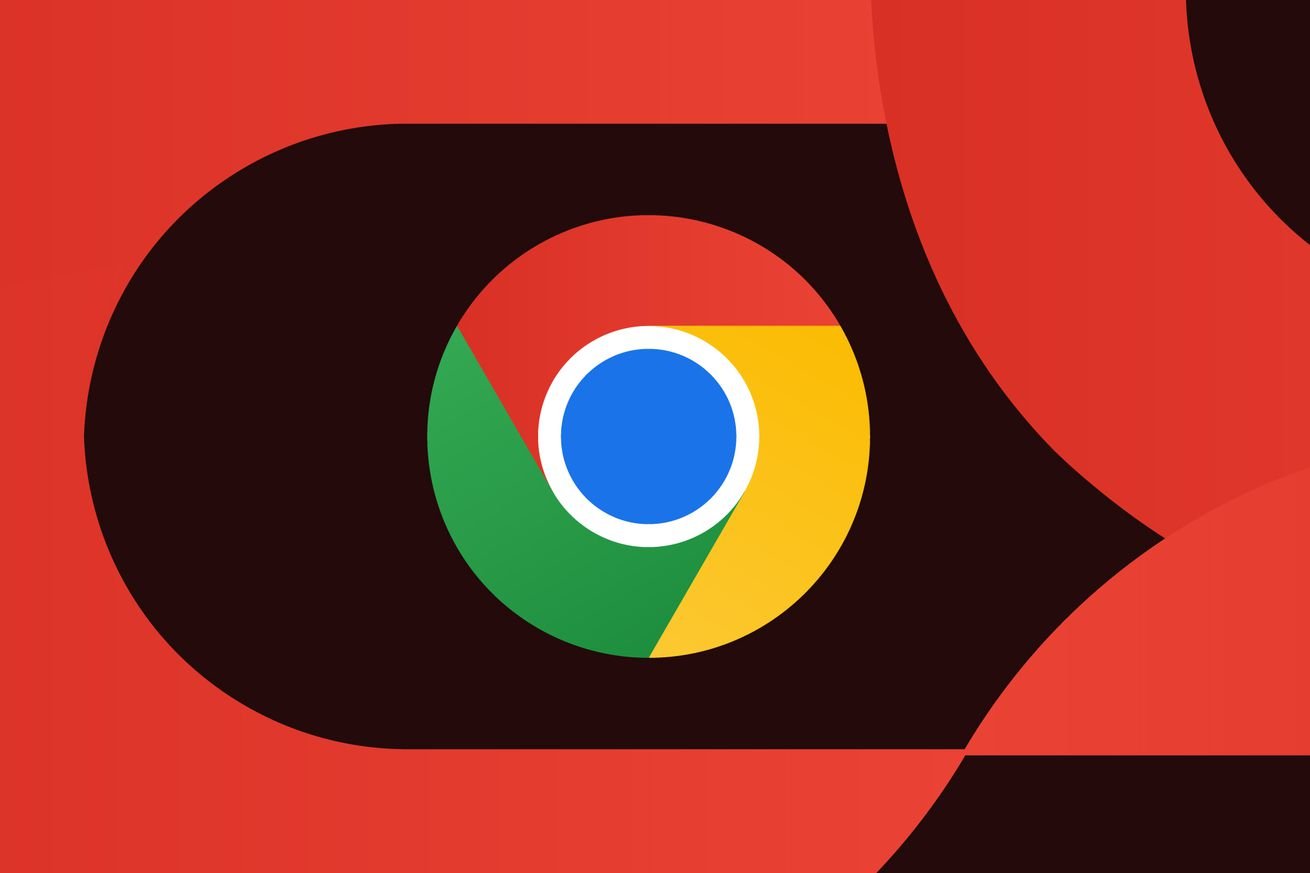 Illustration des Chrome-Logos auf einem hell- und dunkelroten Hintergrund.