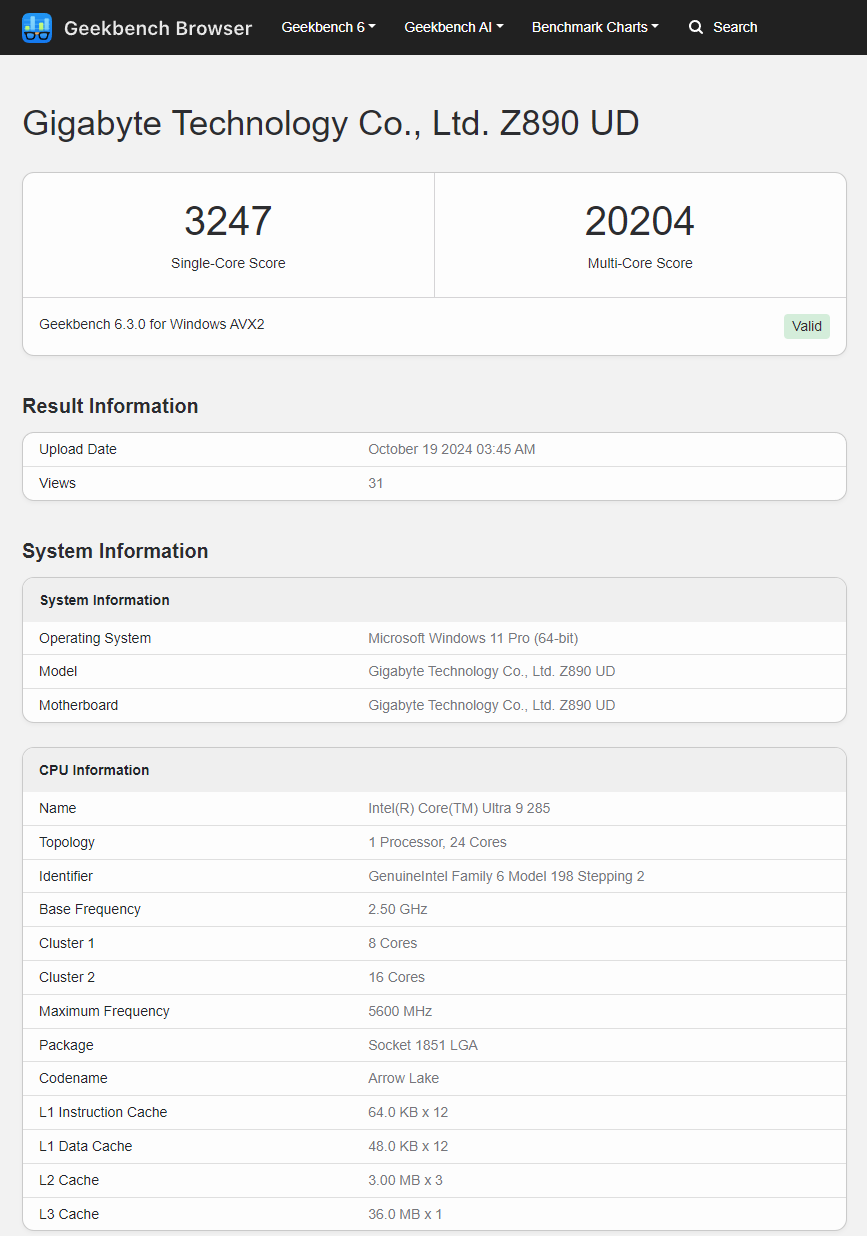 Core Ultra 9 285 Geekbench