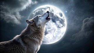 Wolf heult in der Nacht den Vollmond an | Symbolbild für die Wolfsstunde: Warum wache ich zwischen 3 und 4 Uhr nachts auf? Was hilft für einen gesunden Schlaf? (KI-generiertes Bild)