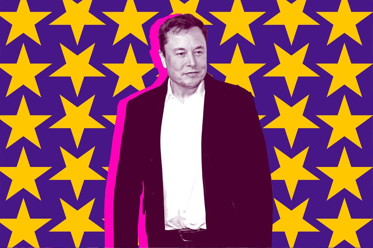 Illustration von Elon Musk, der vor einem violetten Hintergrund steht, der mit gelben Sternen bedeckt ist.