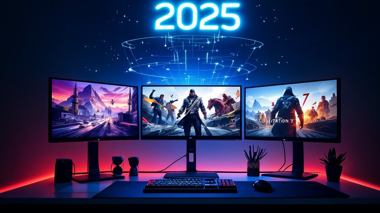 Technologie, Videospiele, Computerspiele, Sci-Fi, Hologramm, Bildschirme, Futuristisch, 2025, Gaming-Setup, Digitale Unterhaltung, Mehrbildschirm-System, Neonbeleuchtung, Gamer-Arbeitsplatz, Gaming-Station