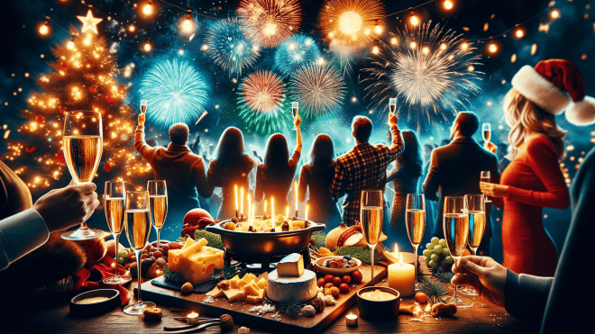 Neujahr, Silvester, Raketen, Feuerwerk, Dinner, Sekt, Raclette, Böller