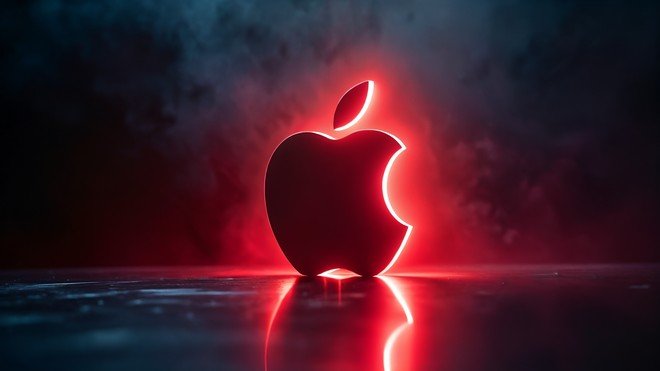 Apple, Technologie, Beleuchtung, Scam, Apple Logo, Alarm, Technologieunternehmen, Rauch, Markenzeichen, Futuristisch, Reflexion, Apple-Logo, Minimalistisch, Atmosphärisch, Dramatisch, Neonrot, Dunkler Hintergrund, Glühen