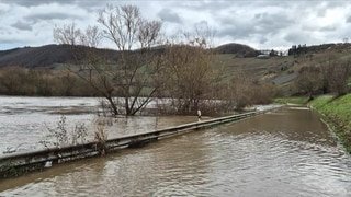 Überschwemmte Landstraße bei Trier im Landkreis Trier-Saarburg. Schneeschmelze und starker Regen haben zu Hochwasser an der Mosel geführt.