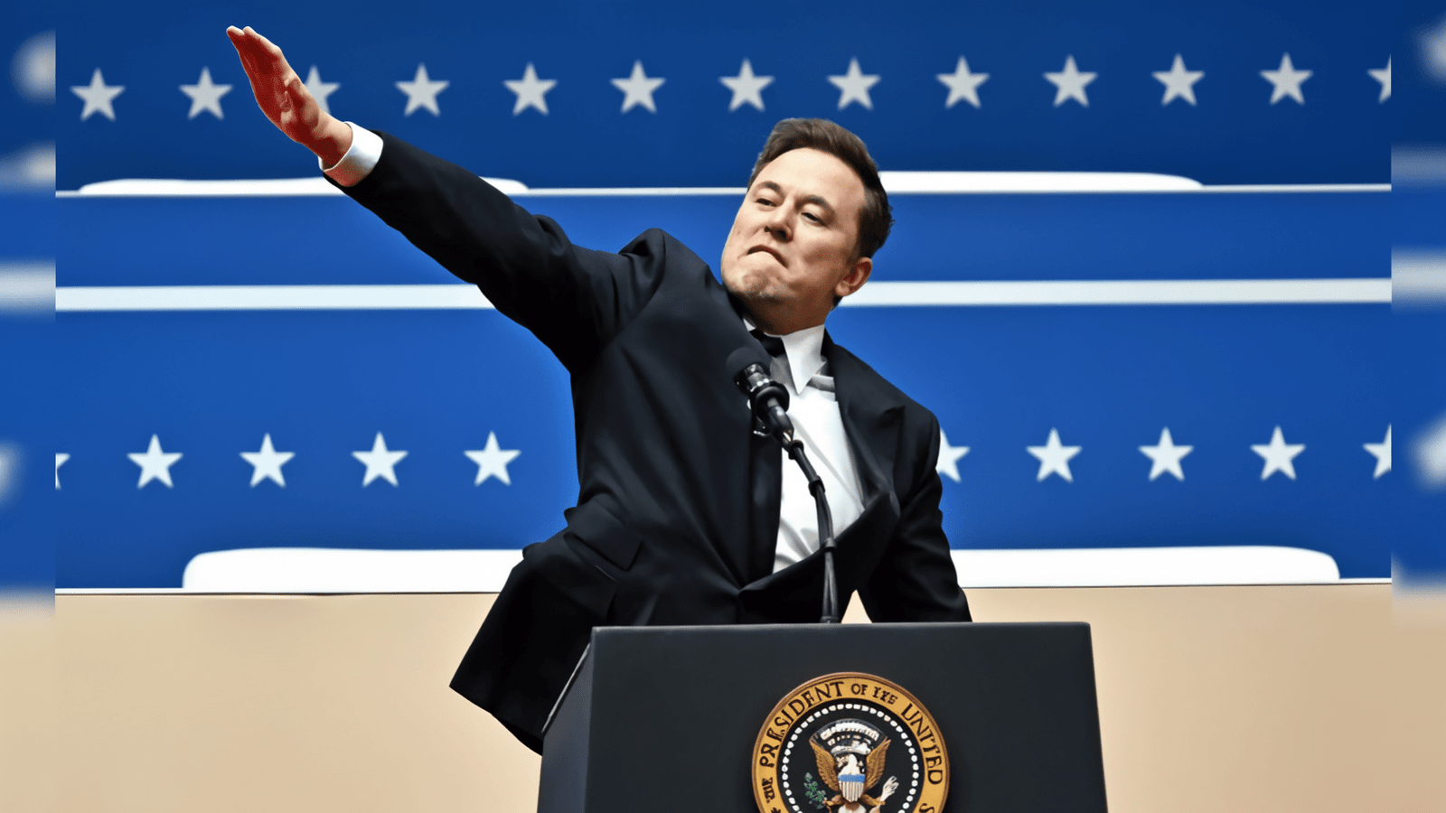 Elon Musk, Sterne, Geste, Präsidentschaftspodium, US-Flagge, politische Rede, ausgestreckter Arm, dramatische Pose, kontroverse Persönlichkeit, Hitler Gruß