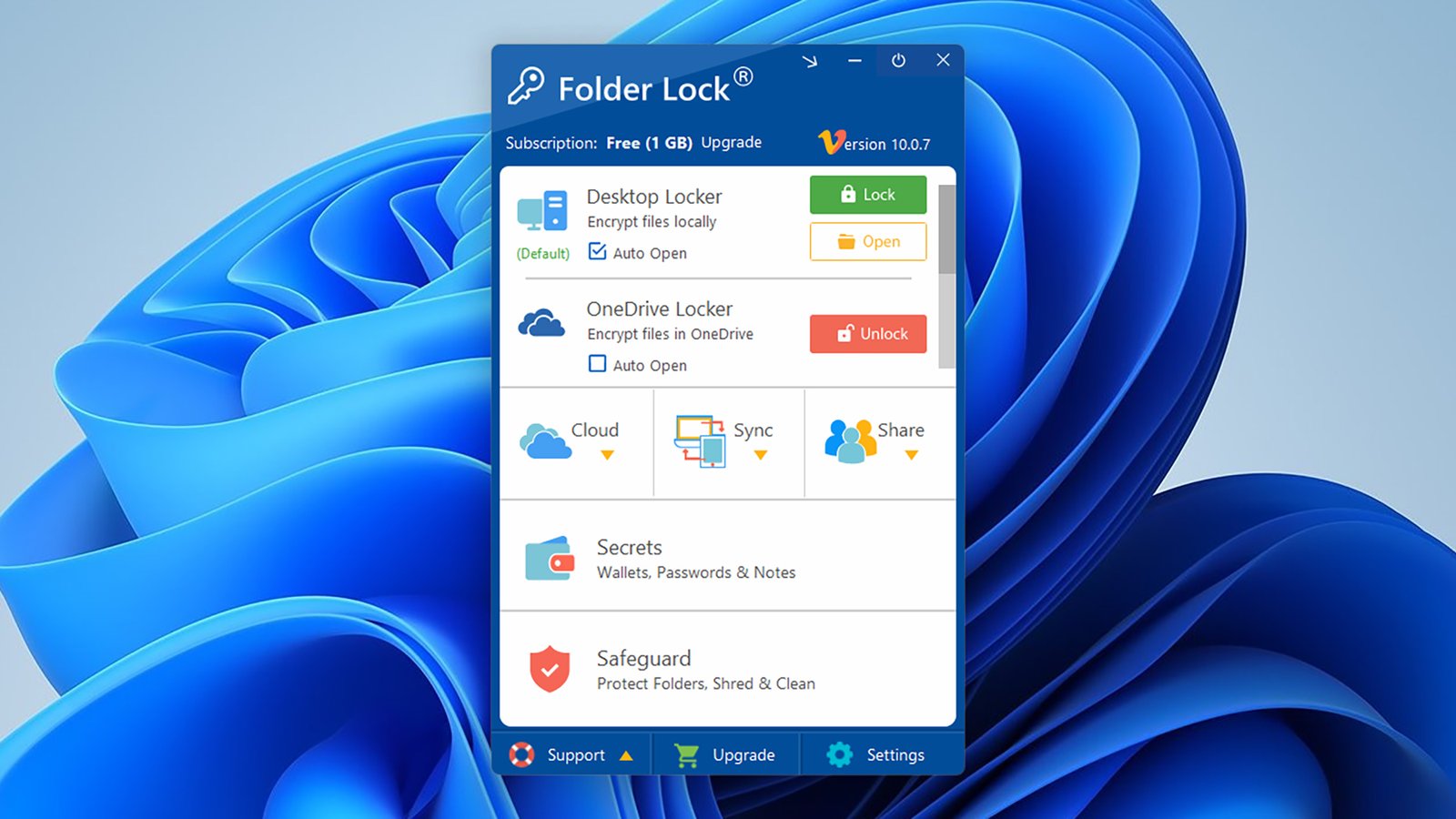 Windows Display Anzeige der Ordnersperr -App mit Abschnitten mit dem Bezeichnung Desktop Locker, OneDrive Locker, Cloud, Synchronisation, Freigabe, Geheimnisse, Schutz.