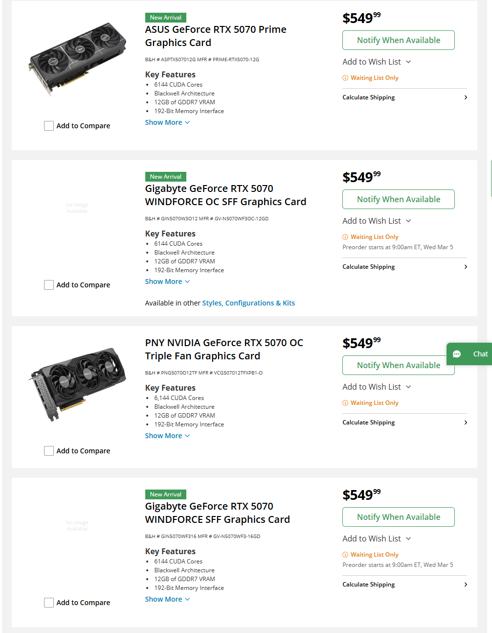 RTX 5070 Listings B und H.