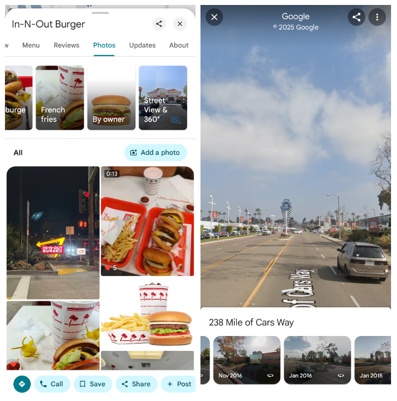 Linksfoto mit Fotos aus dem In-N-Out-Burger unter mehreren Miniaturansichten, darunter eines mit „Street View & 360 Grad“. Rechts: Google Maps Foto von Street mit Miniaturansichten und Daten unten.